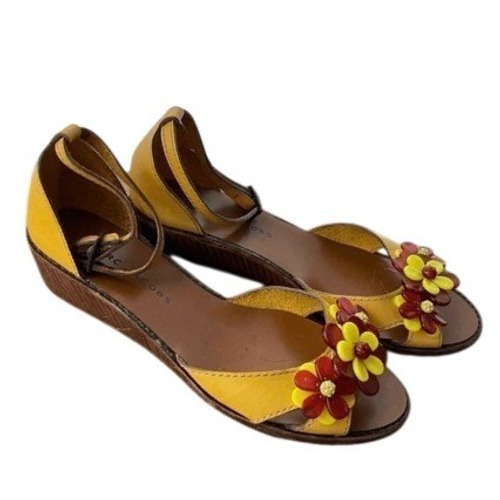 Vtg Y2k Marc Jacobs Yellow Leather Floral Wedge Sandals Ankle Strap 38.5 Italy